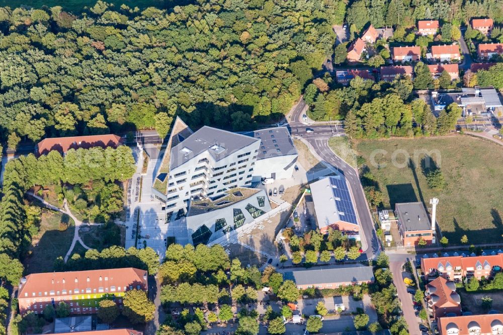 Lüneburg from above - Campus University- area Zentralgebaeude Leuphana Universitaet Lueneburg of vom architect Libeskind in Lueneburg in the state Lower Saxony, Germany