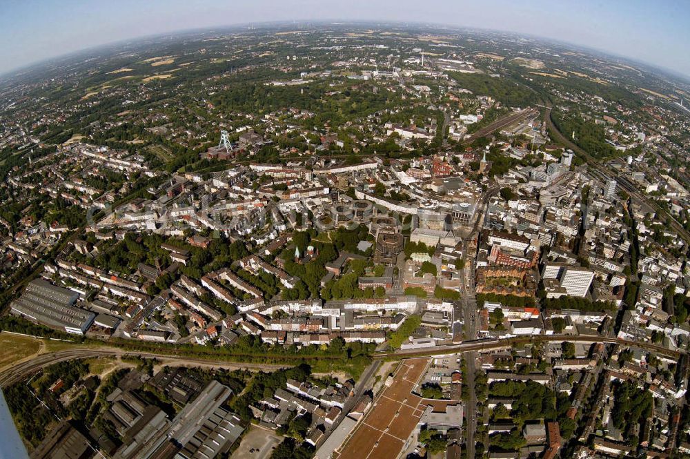 Aerial photograph Bochum - Blick auf das Zentrum von Bochum mit einem Fischaugenobjektiv. Bochum center, photographed through a Fish-Eye.