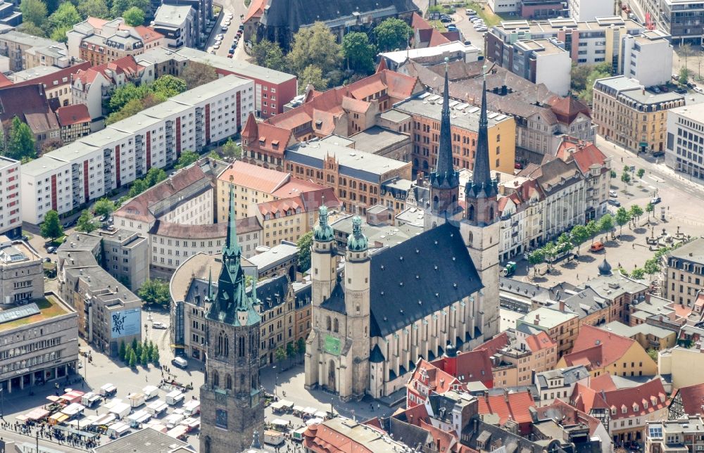 Halle (Saale) from above - View of the center of Halle view of the Red Tower and the St. Mary's Church in Saxony-Anhalt