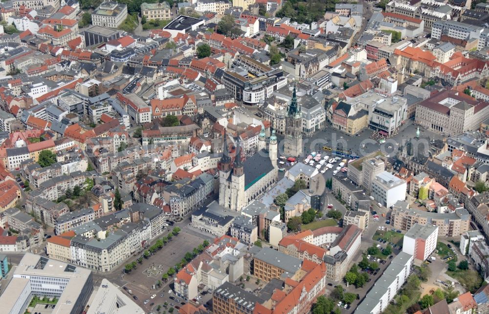 Halle (Saale) from above - View of the center of Halle view of the Red Tower and the St. Mary's Church in Saxony-Anhalt