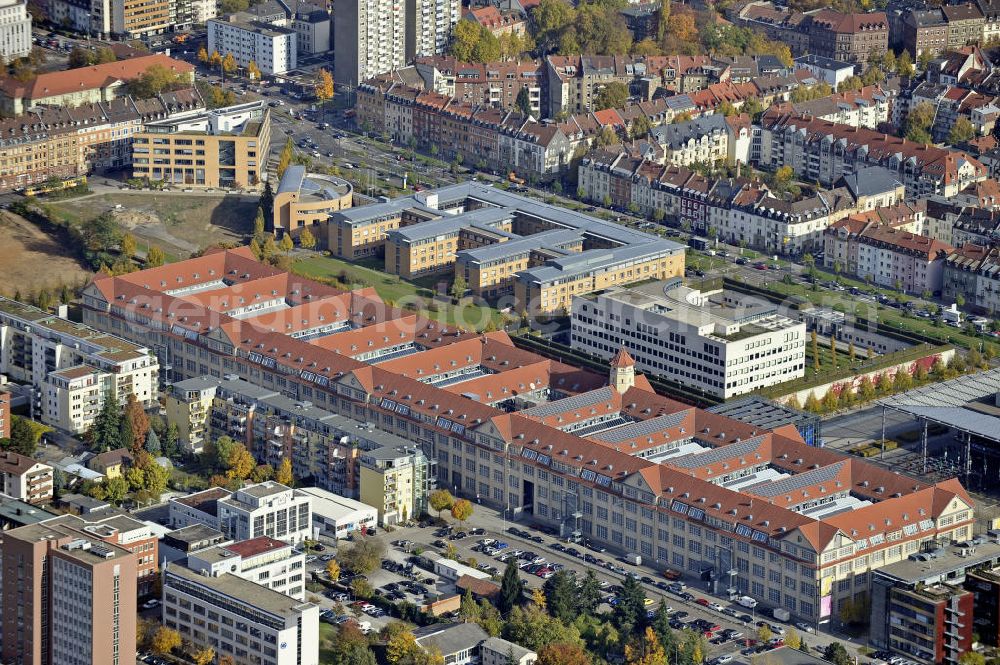 Aerial photograph Karlsruh - Blick auf das Zentrum für Kunst und Medientechnologie Karlsruhe mit der Städtischen Galerie, der Hochschule für Gestaltung und dem Museum Neue Kunst. Das Zentrum gilt als weltweit größte Einrichtung für Medienkunst. View of the Center for Art and Media Karlsruhe with the City Gallery, the Academy of Design and the Museum of Contemporary Art.