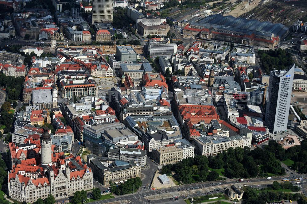 Aerial photograph Leipzig - Blick auf das Zentrum der Stadt Leipzig am Augustusplatz Ecke Roßplatz. A view to the center of Leipzig at the Agustusplatz at the corner of Rossplatz.