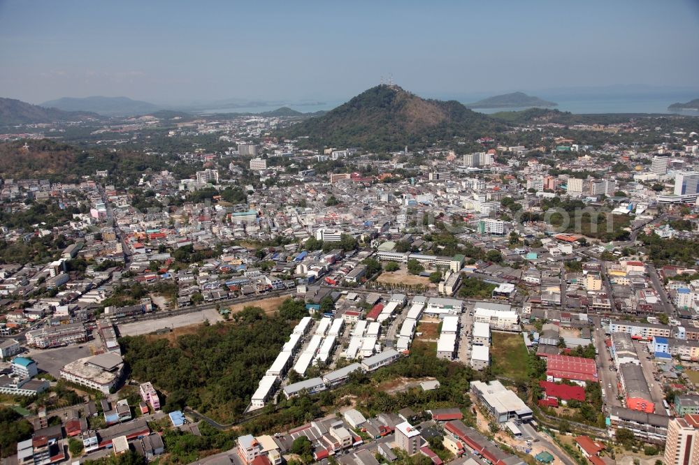 Phuket from the bird's eye view: The center of Phuket on Phuket Island in Thailand. Phuket is the capital of both the Phuket Province, as well as the rural district (Amphoe) Mueang Phuket. The city lies in the southeast of the island