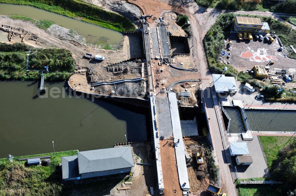 Zerben from the bird's eye view: Baustelle / Neubau der Zerbener Brücke und der Schleuse Zerben am Elbe-Havel-Kanal in Sachsen-Anhalt. Ein Projekt des WSV, Wasser- und Schifffahrtsverwaltung des Bundes. The bridge Zerben over the Elbe-Havel-Canal and the lock in Zerben, Saxony-Anhalt.