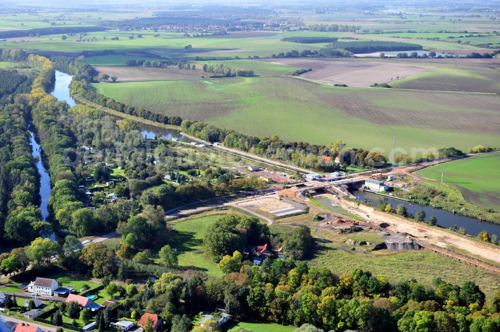 Zerben from above - Baustelle / Neubau der Zerbener Brücke und der Schleuse Zerben am Elbe-Havel-Kanal in Sachsen-Anhalt. Ein Projekt des WSV, Wasser- und Schifffahrtsverwaltung des Bundes. The bridge Zerben over the Elbe-Havel-Canal and the lock in Zerben, Saxony-Anhalt.