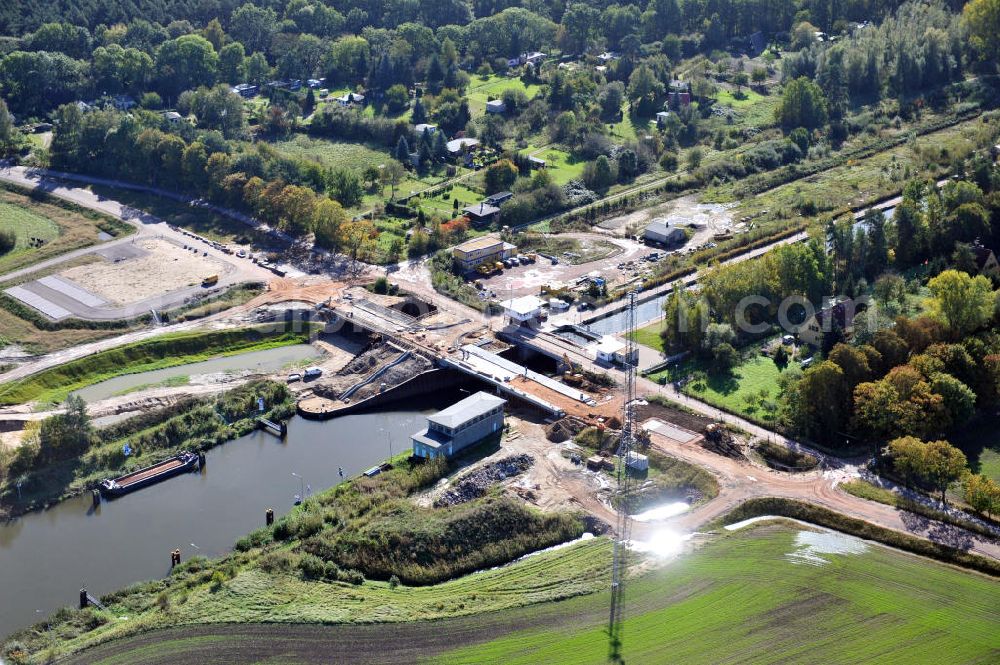 Zerben from above - Baustelle / Neubau der Zerbener Brücke und der Schleuse Zerben am Elbe-Havel-Kanal in Sachsen-Anhalt. Ein Projekt des WSV, Wasser- und Schifffahrtsverwaltung des Bundes. The bridge Zerben over the Elbe-Havel-Canal and the lock in Zerben, Saxony-Anhalt.