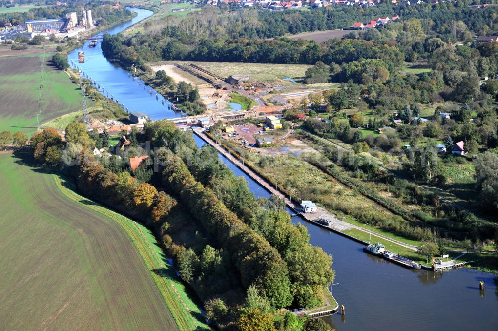 Zerben from the bird's eye view: Baustelle / Neubau der Zerbener Brücke und der Schleuse Zerben am Elbe-Havel-Kanal in Sachsen-Anhalt. Ein Projekt des WSV, Wasser- und Schifffahrtsverwaltung des Bundes. The bridge Zerben over the Elbe-Havel-Canal and the lock in Zerben, Saxony-Anhalt.