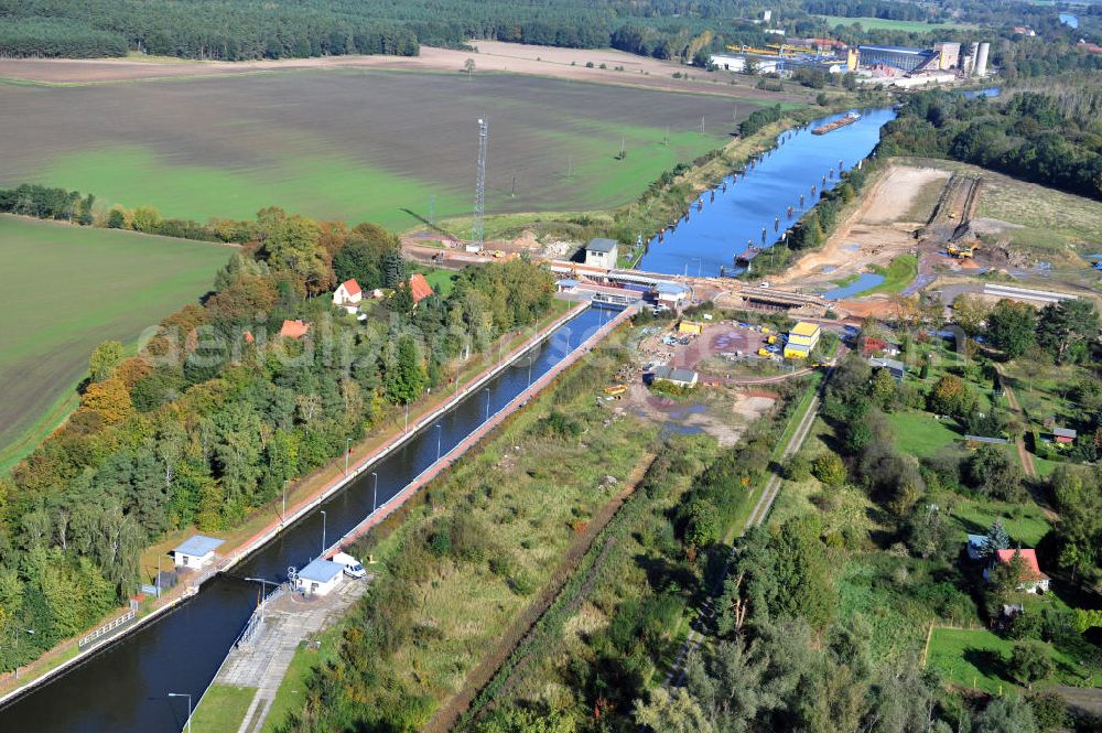 Zerben from above - Baustelle / Neubau der Zerbener Brücke und der Schleuse Zerben am Elbe-Havel-Kanal in Sachsen-Anhalt. Ein Projekt des WSV, Wasser- und Schifffahrtsverwaltung des Bundes. The bridge Zerben over the Elbe-Havel-Canal and the lock in Zerben, Saxony-Anhalt.