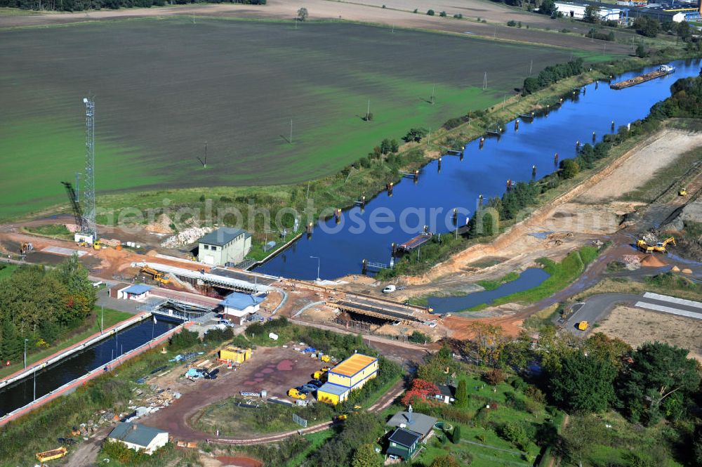 Zerben from the bird's eye view: Baustelle / Neubau der Zerbener Brücke und der Schleuse Zerben am Elbe-Havel-Kanal in Sachsen-Anhalt. Ein Projekt des WSV, Wasser- und Schifffahrtsverwaltung des Bundes. The bridge Zerben over the Elbe-Havel-Canal and the lock in Zerben, Saxony-Anhalt.