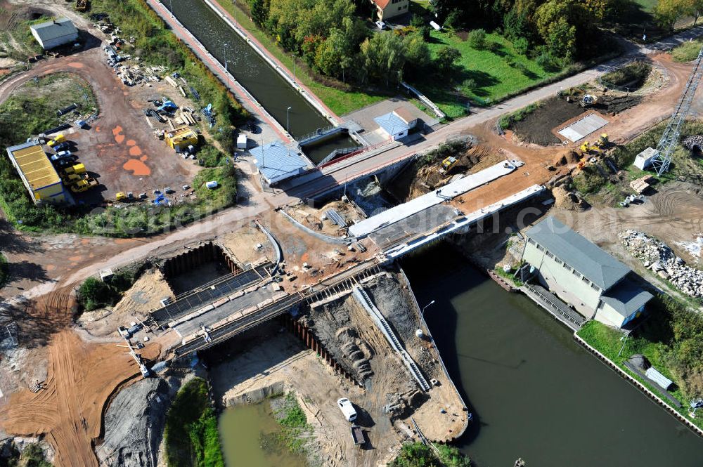 Zerben from above - Baustelle / Neubau der Zerbener Brücke und der Schleuse Zerben am Elbe-Havel-Kanal in Sachsen-Anhalt. Ein Projekt des WSV, Wasser- und Schifffahrtsverwaltung des Bundes. The bridge Zerben over the Elbe-Havel-Canal and the lock in Zerben, Saxony-Anhalt.