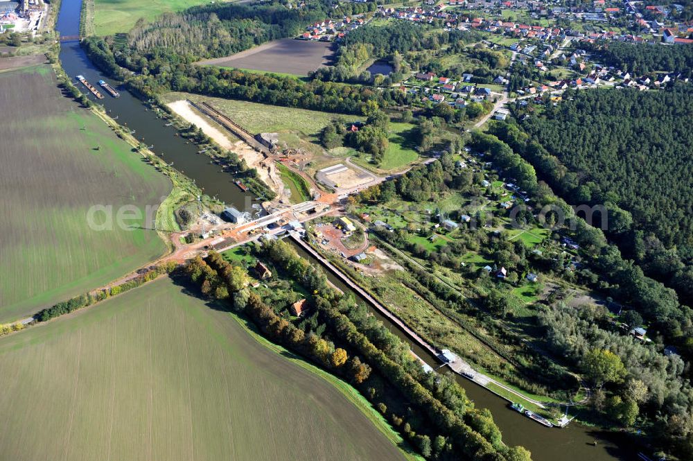 Zerben from above - Baustelle / Neubau der Zerbener Brücke und der Schleuse Zerben am Elbe-Havel-Kanal in Sachsen-Anhalt. Ein Projekt des WSV, Wasser- und Schifffahrtsverwaltung des Bundes. The bridge Zerben over the Elbe-Havel-Canal and the lock in Zerben, Saxony-Anhalt.