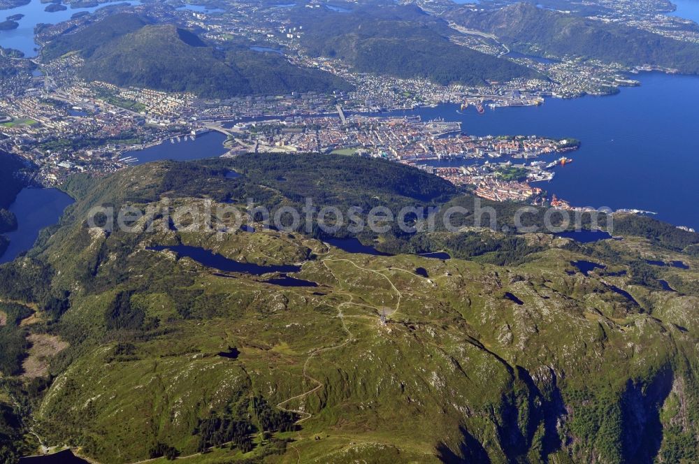 Bergen from the bird's eye view: Views of the rugged fjords of the city of Bergen in Hordaland in Norway