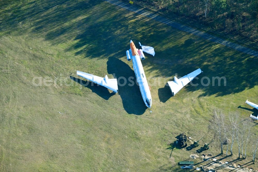 Aerial image Cottbus - View of the Airfield Museum on the site of the former airfield Cottbus. Covering an area with military aircrafts, agricultural aircraft and helicopters and also air traffic control and vehicle technology from the history of aviation are shown. All periods are presented in detail in the museum's images and documents