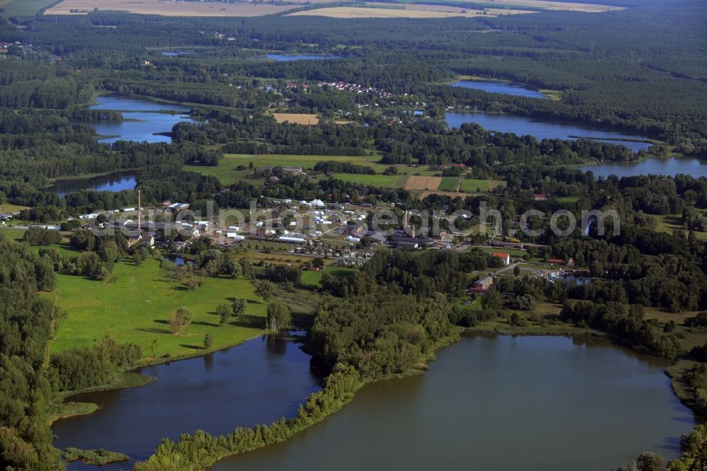 Aerial image Zehdenick - Mildenberg brick work park in the town area of Zehdenick in the state of Brandenburg. The park is an industrial memorial, surrounded by lakes and ponds. The compound consists of the company sites of two former brick works and is located in the North of the Mildenberg part of the town