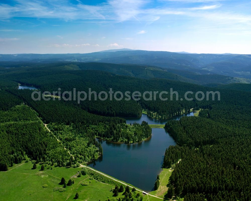 Clausthal-Zellerfeld from above - Ziegenberger Pond in the Harz region in Clausthal-Zellerfeld in the state of Lower Saxony. The pond is a large mining pond and is officially called a barrier lake and barrage fixe. It is used for leisure and is a beloved tourism and hiking destination. It is listed as a protected area