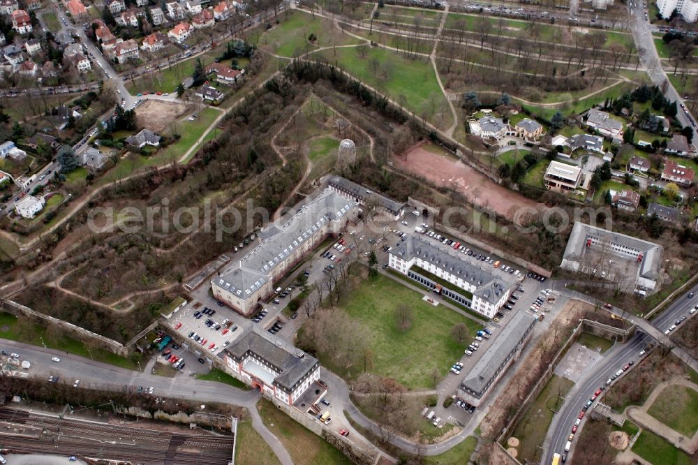 Mainz from the bird's eye view: Drususstein opposite the adjoining citadel in Mainz in Rhineland-Palatinate