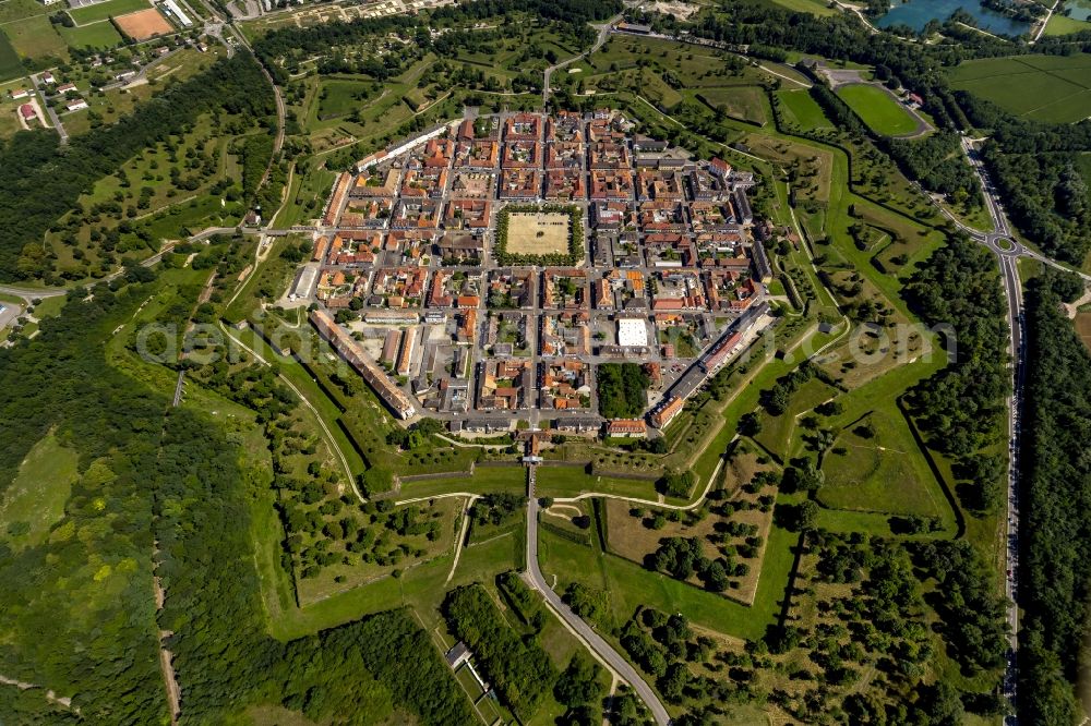 Neuf-Brisach from the bird's eye view: Shaped citadel city center in Neuf-Brisach in Alsace in France