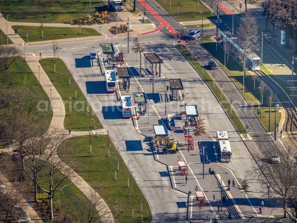 Gelsenkirchen from the bird's eye view: Central Bus Station for Public Transportation on Goldbergstrasse in the district Buer in Gelsenkirchen in the state North Rhine-Westphalia, Germany