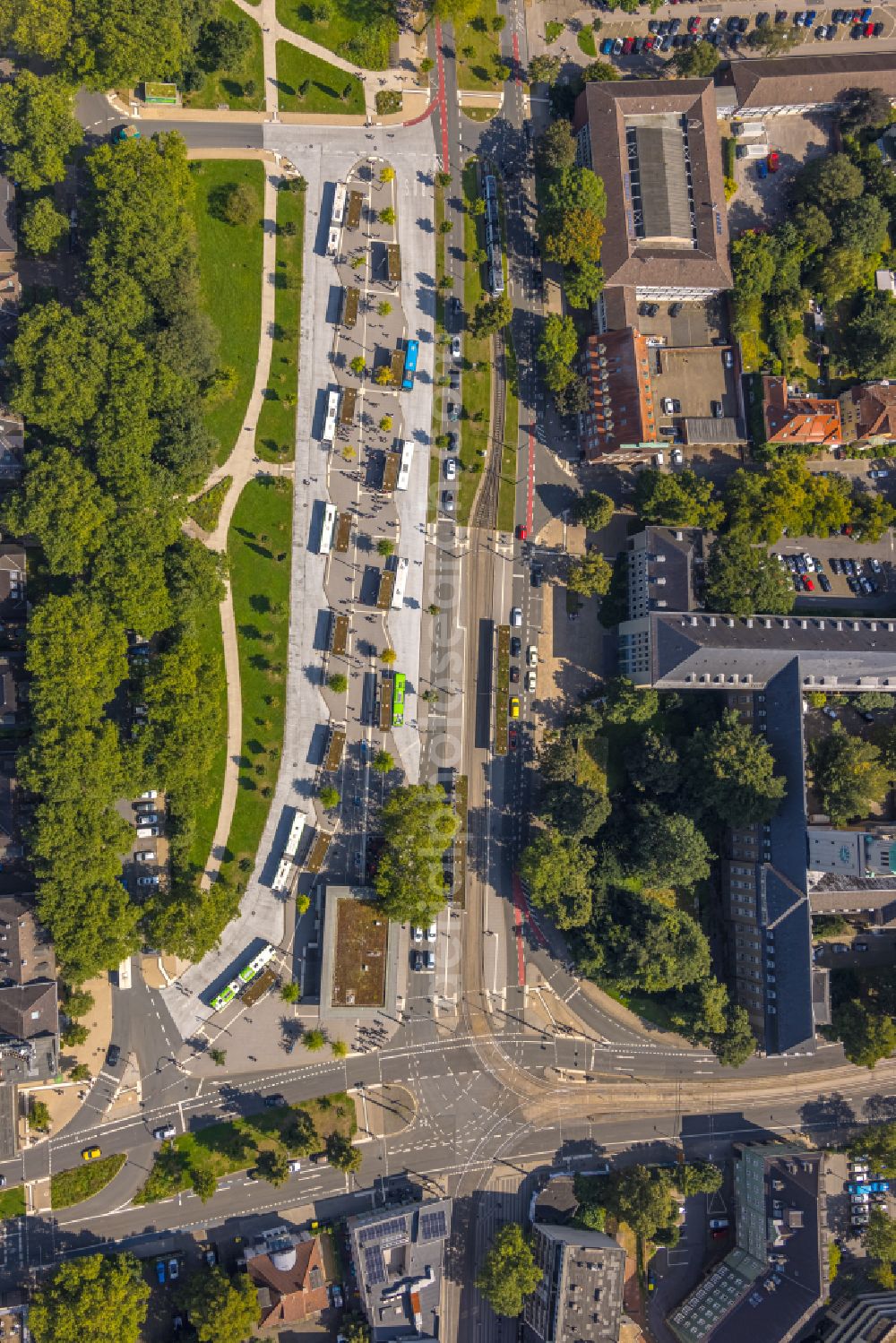 Aerial image Gelsenkirchen - Central Bus Station for Public Transportation on Goldbergstrasse in the district Buer in Gelsenkirchen in the state North Rhine-Westphalia, Germany