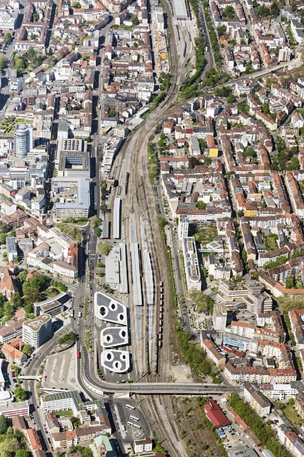 Aerial image Pforzheim - Central Bus Station for Public Transportation on Erbprinzenstrasse in Pforzheim in the state Baden-Wurttemberg, Germany