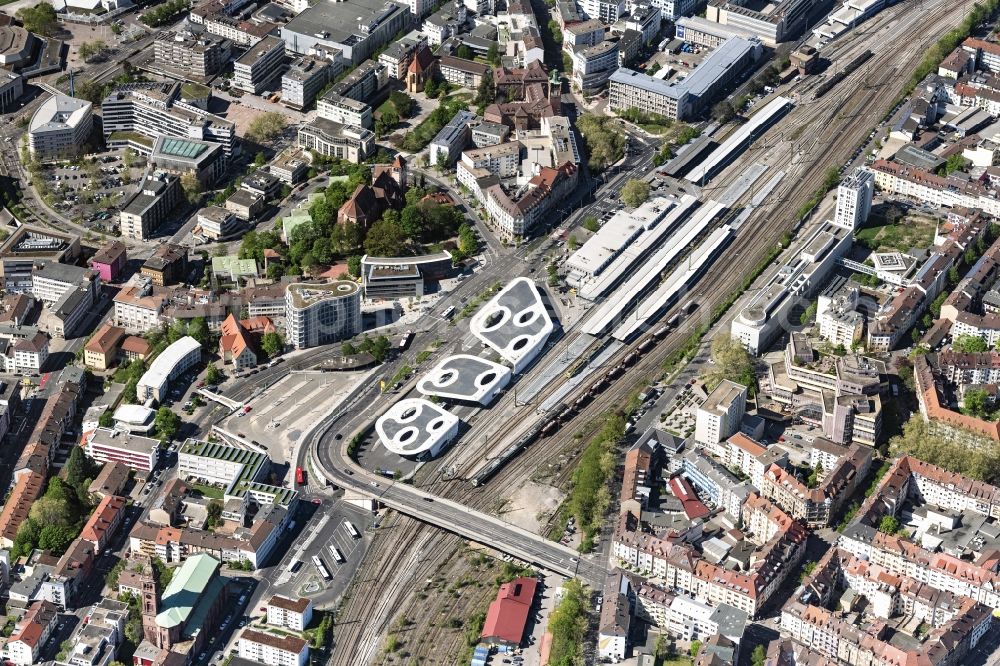 Pforzheim from above - Central Bus Station for Public Transportation on Erbprinzenstrasse in Pforzheim in the state Baden-Wurttemberg, Germany