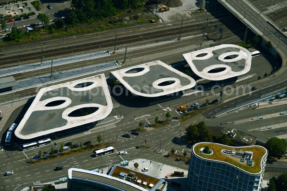 Pforzheim from above - Central Bus Station for Public Transportation on Erbprinzenstrasse in Pforzheim in the state Baden-Wurttemberg, Germany