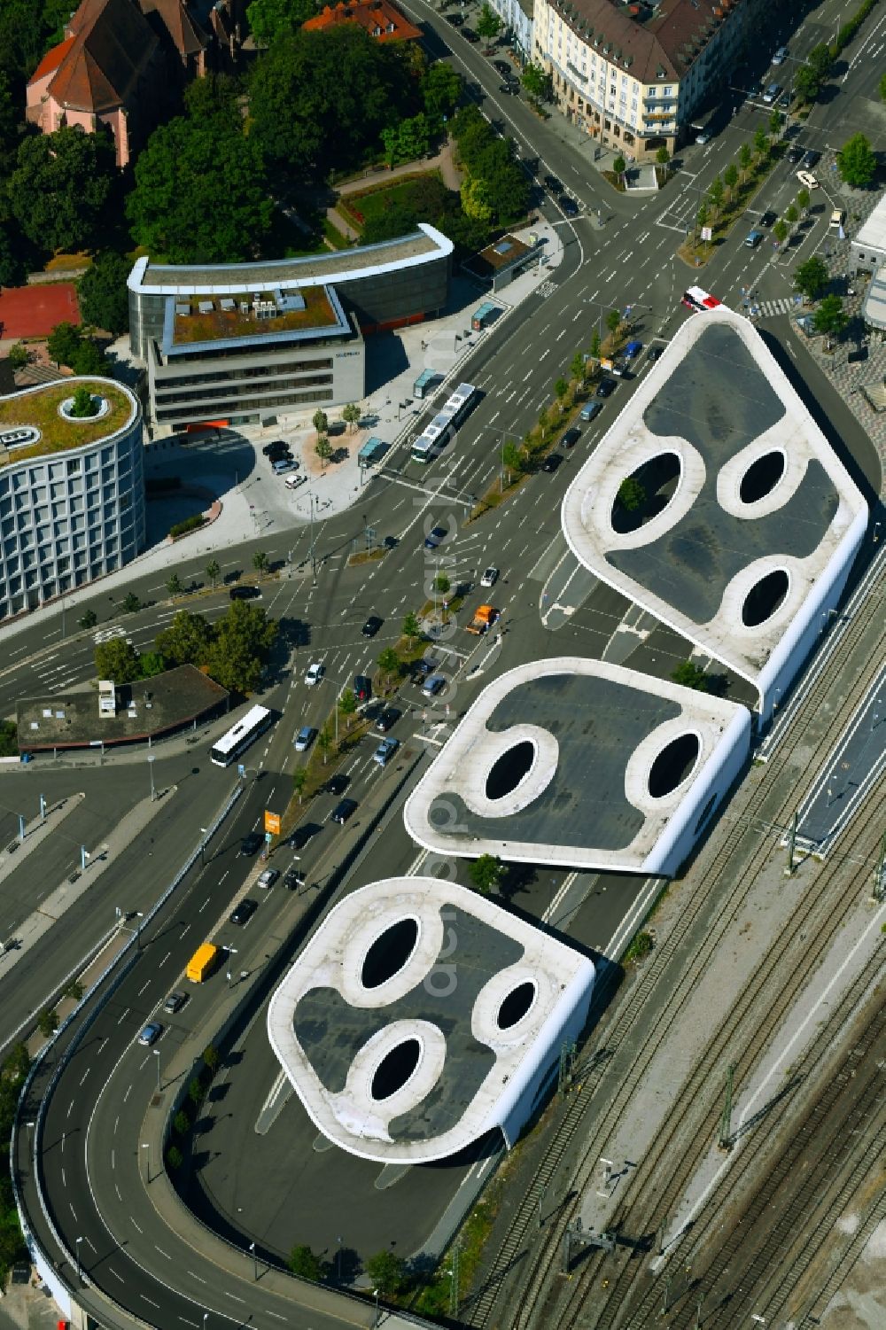 Pforzheim from above - Central Bus Station for Public Transportation on Erbprinzenstrasse in Pforzheim in the state Baden-Wurttemberg, Germany