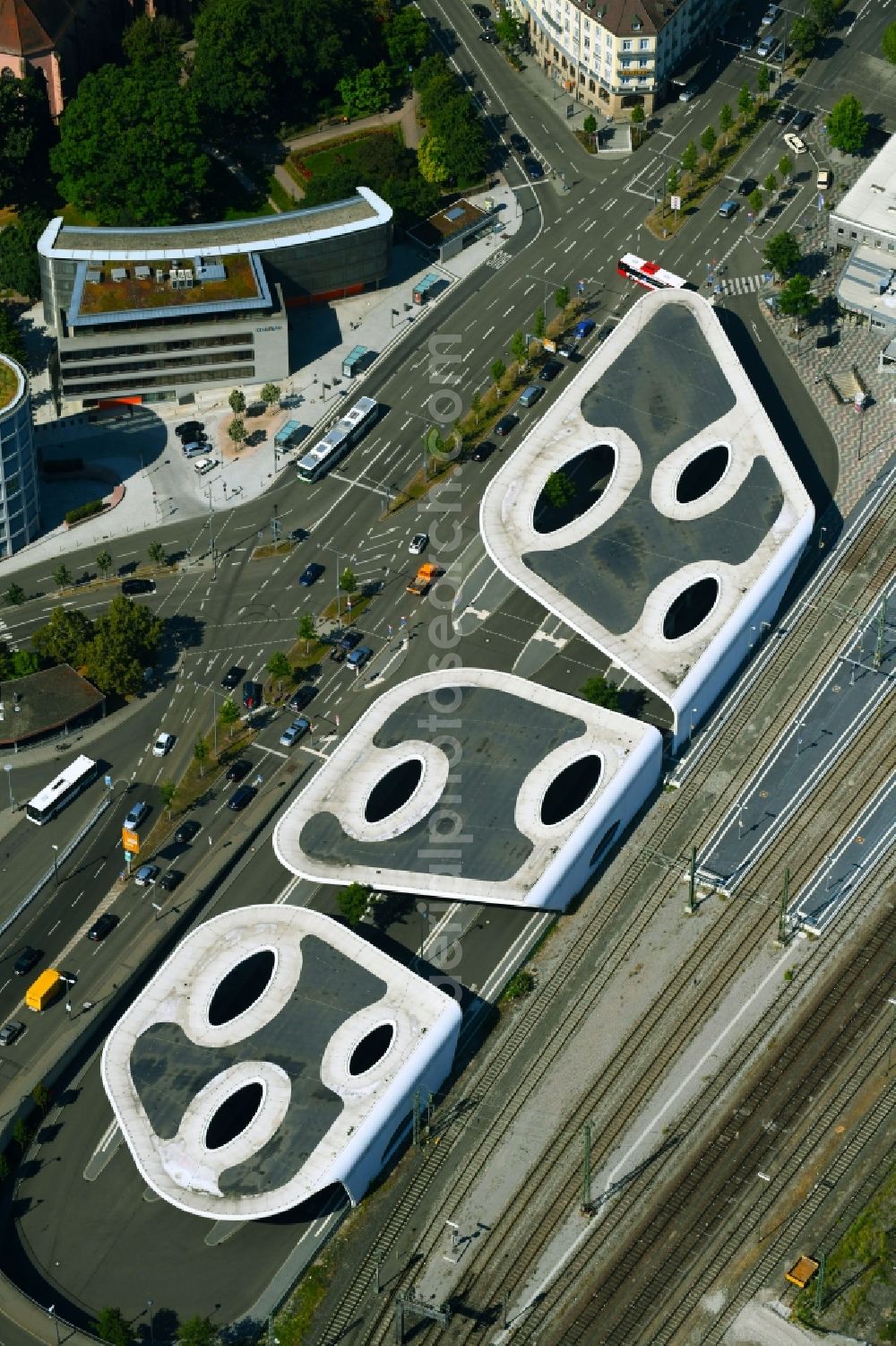 Pforzheim from the bird's eye view: Central Bus Station for Public Transportation on Erbprinzenstrasse in Pforzheim in the state Baden-Wurttemberg, Germany