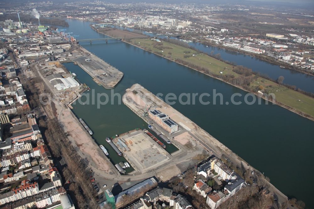 Mainz from above - Development area on grounds of the former customs and inland port on the banks of the River Rhine in Mainz in Rhineland-Palatinate