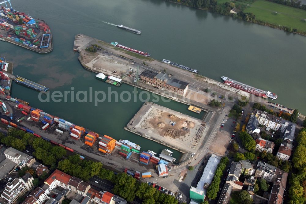 Mainz from above - Development area on grounds of the former customs and inland port on the banks of the River Rhine in Mainz in Rhineland-Palatinate