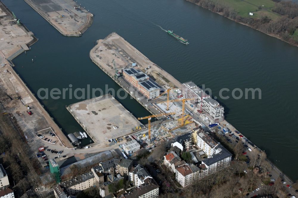 Mainz from above - Development area on grounds of the former customs and inland port on the banks of the River Rhine in Mainz in Rhineland-Palatinate