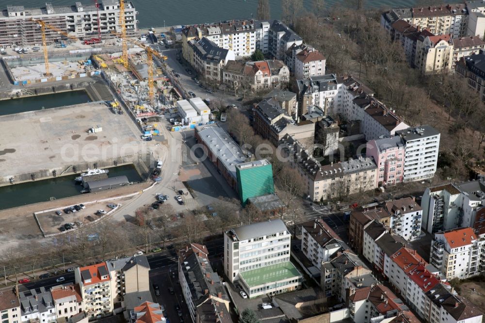 Aerial image Mainz - Development area on grounds of the former customs and inland port on the banks of the River Rhine in Mainz in Rhineland-Palatinate