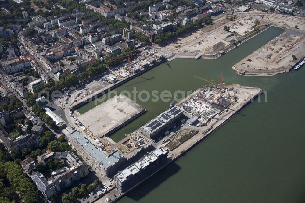 Mainz from above - Development area on grounds of the former customs and inland port on the banks of the River Rhine in Mainz in Rhineland-Palatinate