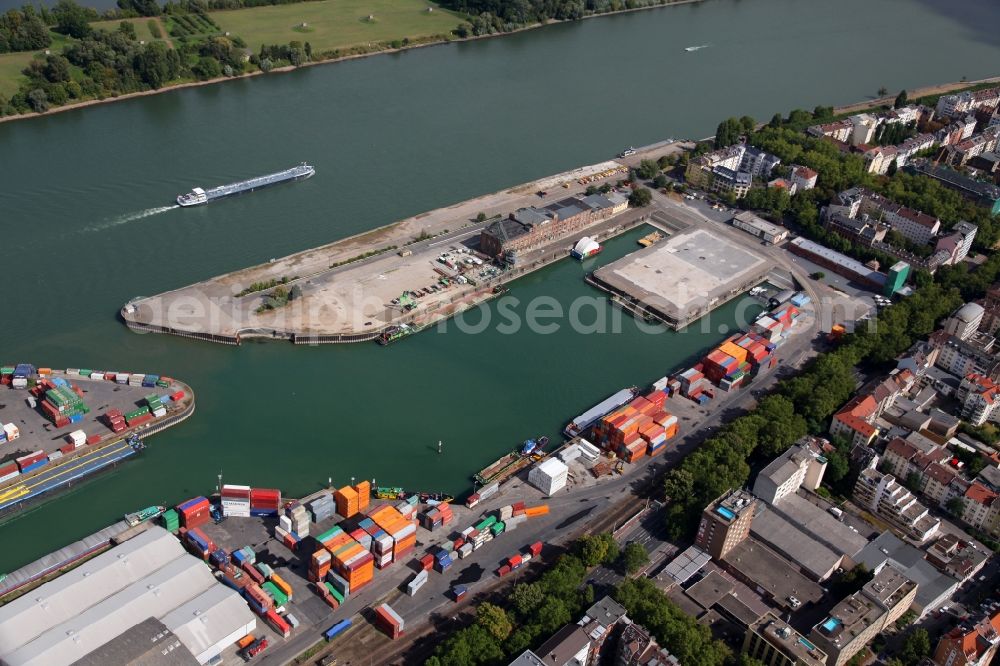 Mainz from above - Harbour in the Neustadt part of Mainz in the state of Rhineland-Palatinate. View of the industrial area in the North of the city. The custom harbour of Mainz on the Rhine is visible in the background. The compound consists of containers, cranes and docks