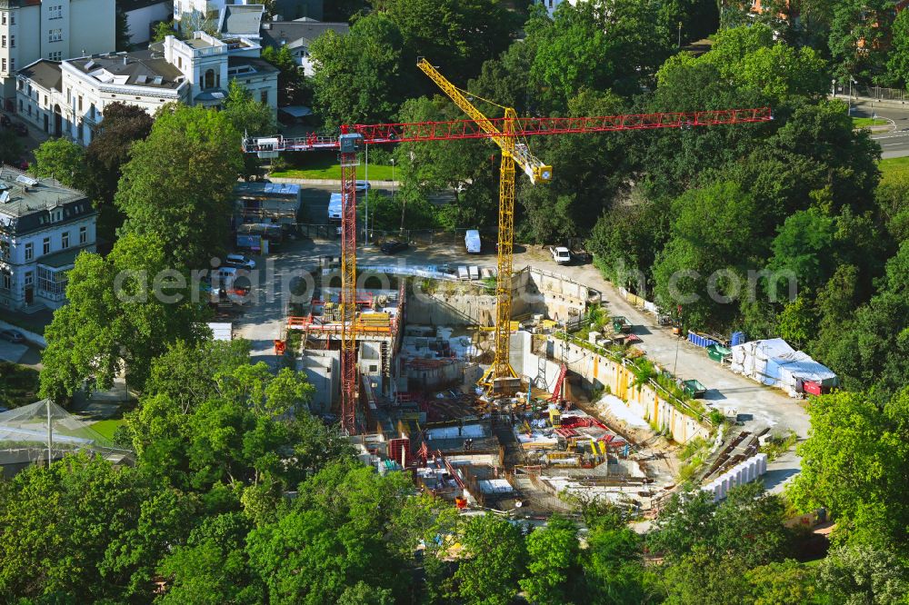 Aerial image Leipzig - Construction site of animal breeding accommodation Feuerland on street Pfaffendorfer Strasse in Leipzig in the state Saxony, Germany