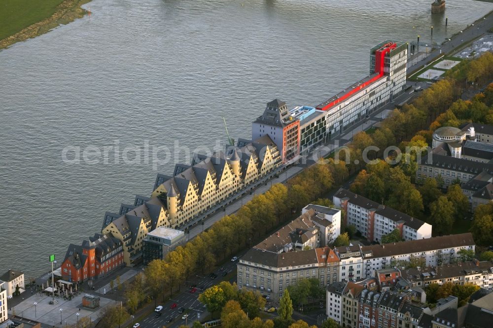 Aerial image Köln - Into lofts and luxury - apartment converted warehouses on the banks of the Rhine in the Rhine River Promenade in Cologne in North Rhine-Westphalia NRW