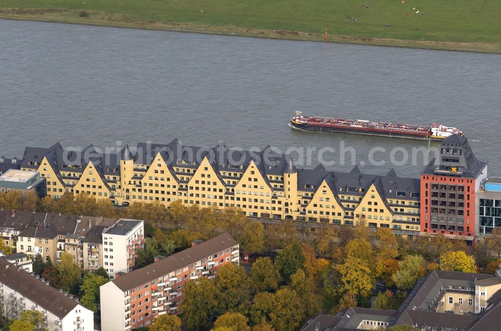 Köln from above - Into lofts and luxury - apartment converted warehouses on the banks of the Rhine in the Rhine River Promenade in Cologne in North Rhine-Westphalia NRW