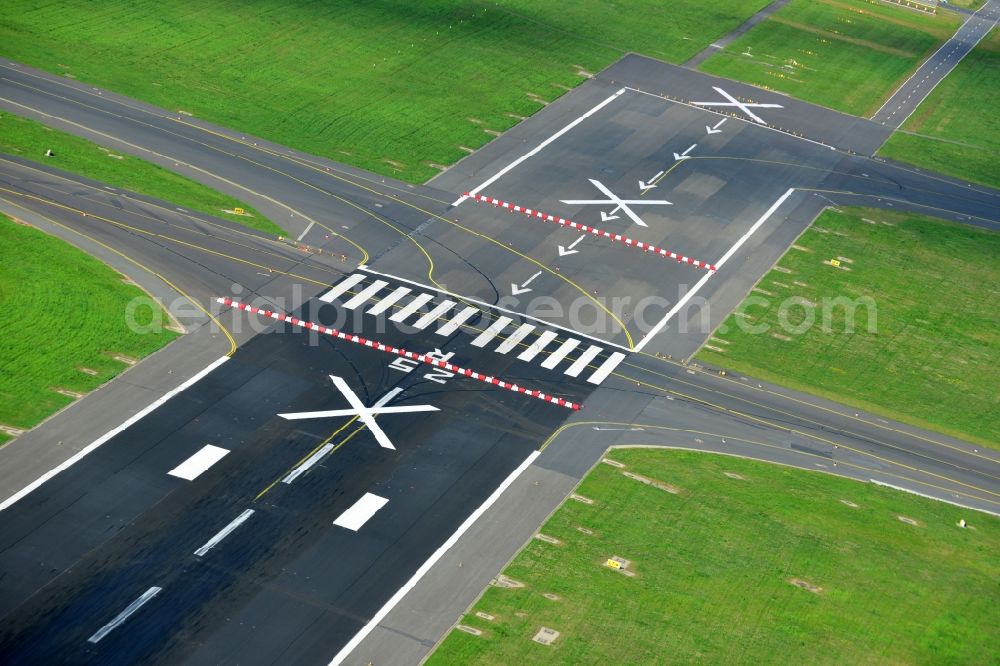 Schönefeld from above - For refurbishment locked Nordbahn - runway on the grounds of the airport in Schoenefeld in Brandenburg