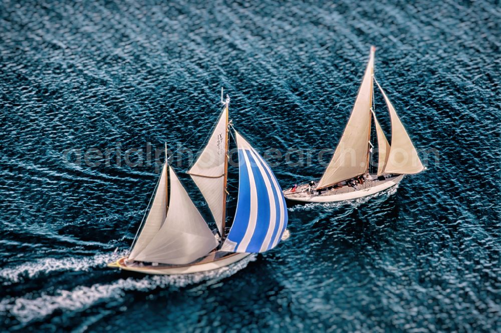 Glücksburg from the bird's eye view: Two sailing yachts in motion on the Flensburg Fjord in Gluecksburg in the state Schleswig-Holstein, Germany