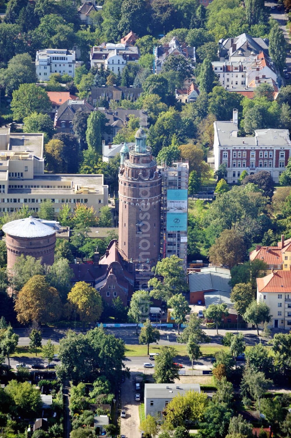 Berlin from above - Das Industrie-Ensemble Wasserturm Westend am Spandauer Damm in Berlin-Charlottenburg. In und zwischen den Türmen befinden sich Wohn- und Gewerberäume. Two water towers at the Spandauer Damm in Berlin-Charlottenburg.