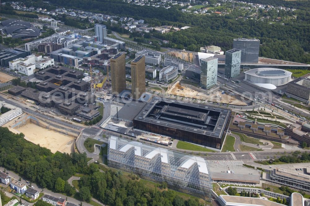 Luxembourg Luxemburg from above - View of the twintowers and (in front of them) the building of the European Court of Justice (ECJ) in the Kirchberg district of the city of Luxembourg. The European Court of Justice (ECJ), the official court of the European Communities, is the legal body of the European Union