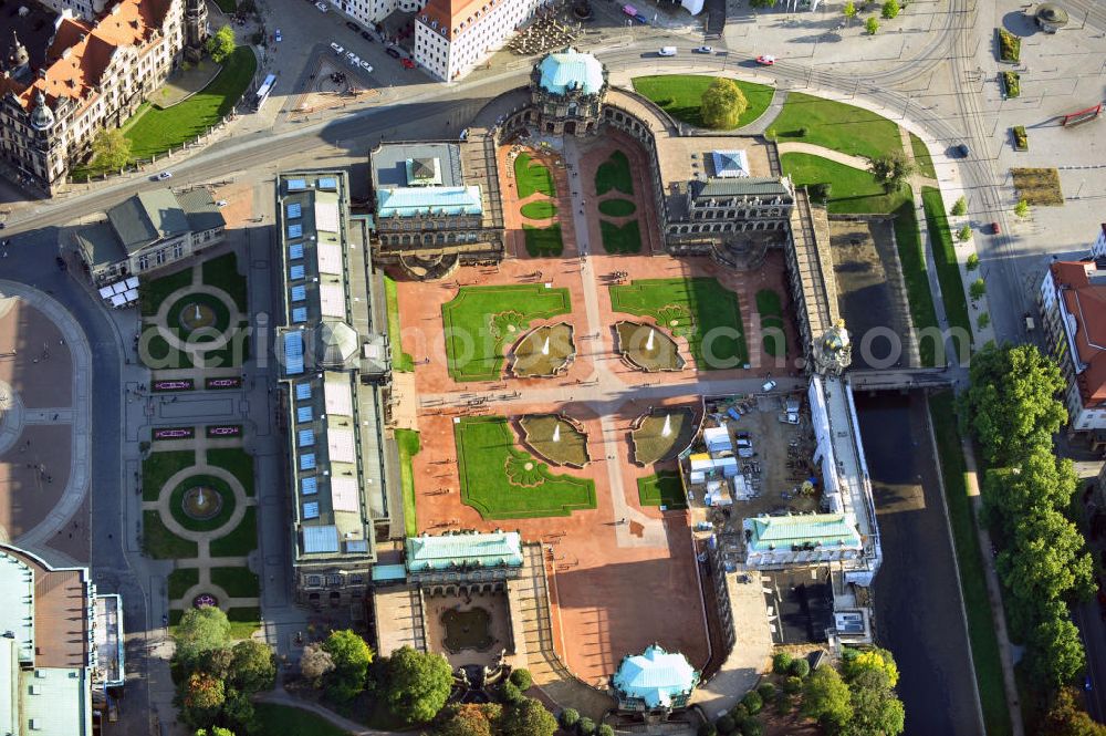 Aerial image Dresden - View over the inner yard of Zwinger, a landmark of Dresden and one of the most important complete artworks in Germany, built in Baroque style