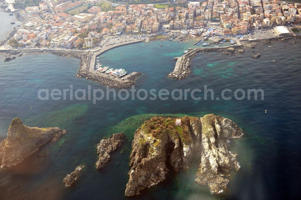 Aerial image Aci Castello - The Cyclops are a small group of islands in the Ionian Sea. They are located off the east coast of Sicily in Italy in the district Aci Trezza of the municipality of Aci Castello