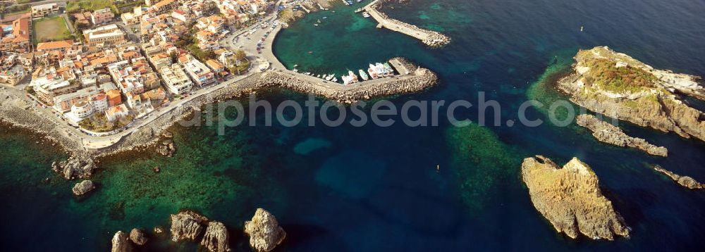 Aerial image Aci Castello - The Cyclops are a small group of islands in the Ionian Sea. They are located off the east coast of Sicily in Italy in the district Aci Trezza of the municipality of Aci Castello