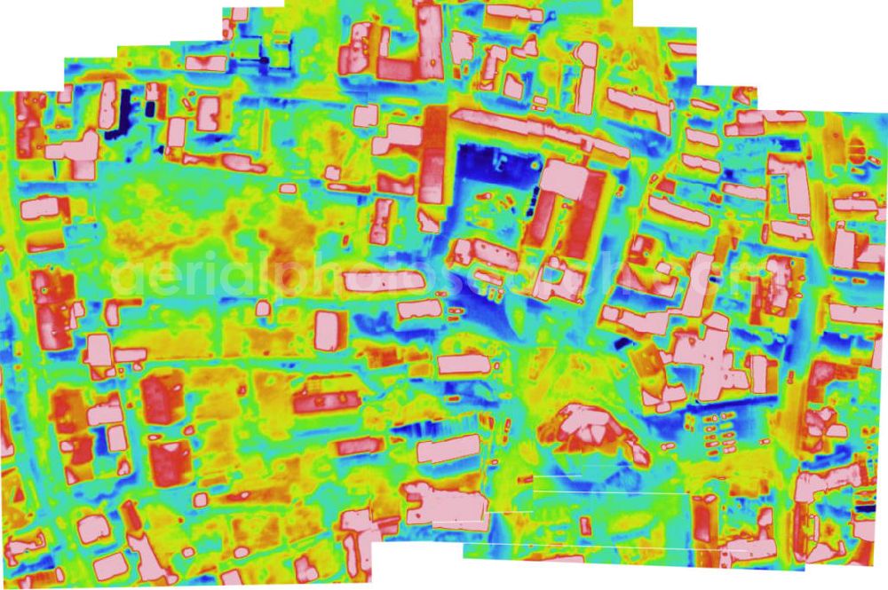 Infrared aerial photograph HALLE / SAALE - Infrarotaufnahme als Senkrechtluftbild vom Ortskern Nietleben an der Eislebener Strasse in Halle / Saale. Aufgenommen wurden diese auf 1/10 tel Grad genauen Wärmeluftaufnahmen mit einem Luftbild-Infrarotkamerasystem der Firma JENOPTIK. Jena Optronik GmbH,