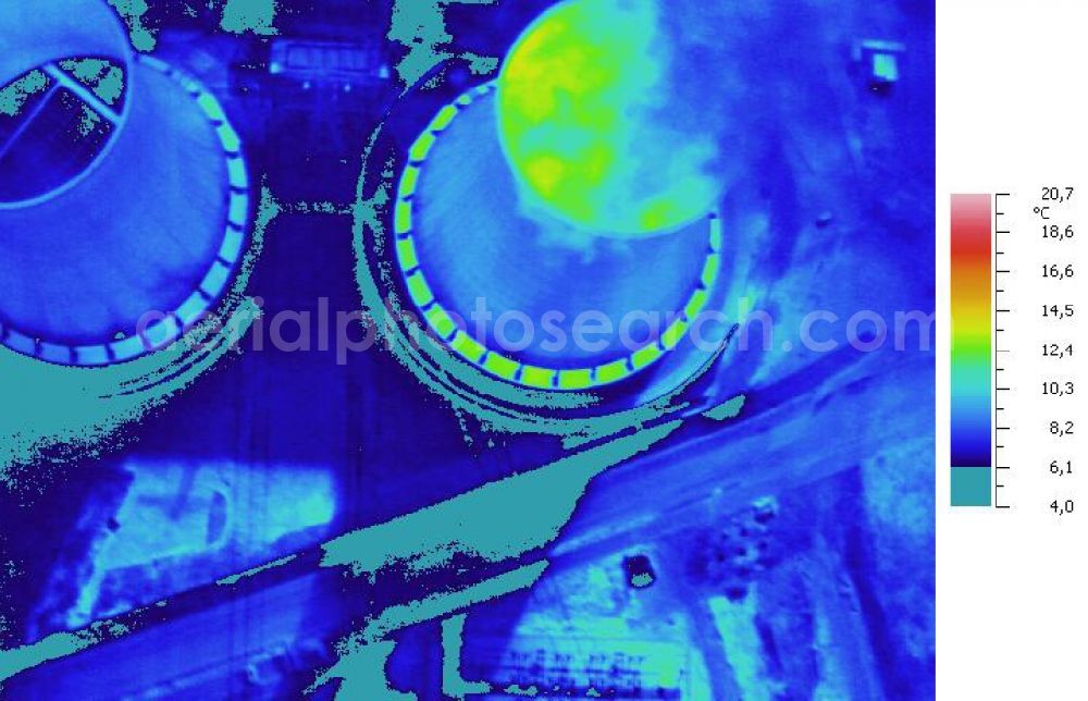 Infrared aerial photograph Schkopau - Infrared aerial photograph of Power plant smokestacks in the mirror image of Rattmansdorfer pond in Schkopau in the state of Saxony-Anhalt. The two chimneys are part of the lignite-fired power plant of E.ON AG