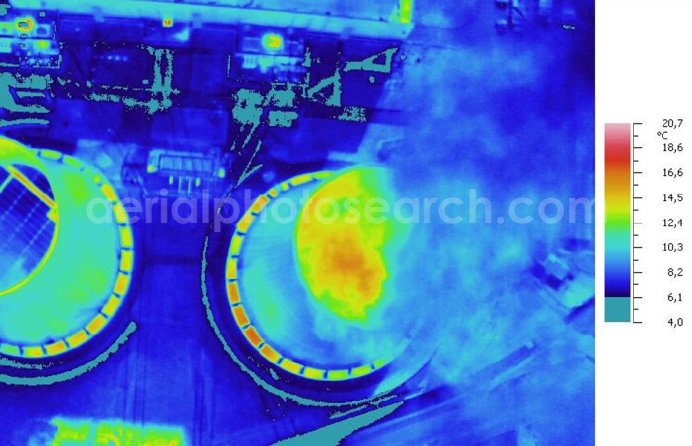 Infrared aerial photograph Schkopau - Infrared aerial photograph of Power plant smokestacks in the mirror image of Rattmansdorfer pond in Schkopau in the state of Saxony-Anhalt. The two chimneys are part of the lignite-fired power plant of E.ON AG