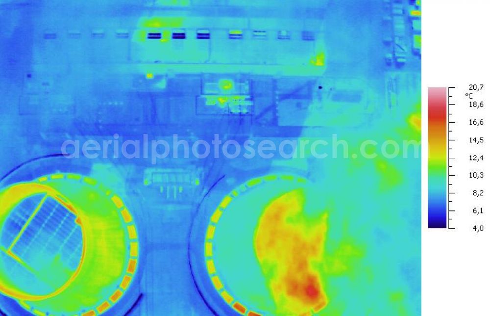 Infrared aerial photograph Schkopau - Infrared aerial photograph of Power plant smokestacks in the mirror image of Rattmansdorfer pond in Schkopau in the state of Saxony-Anhalt. The two chimneys are part of the lignite-fired power plant of E.ON AG