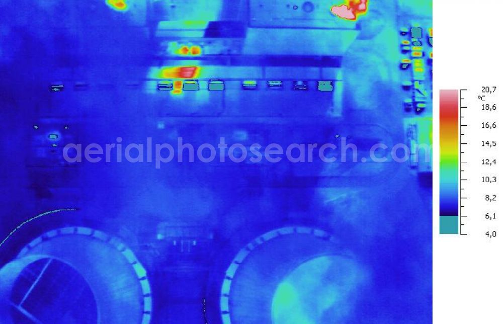 Infrared aerial photograph Schkopau - Infrared aerial photograph of Power plant smokestacks in the mirror image of Rattmansdorfer pond in Schkopau in the state of Saxony-Anhalt. The two chimneys are part of the lignite-fired power plant of E.ON AG