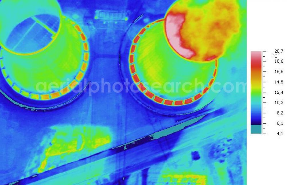 Infrared aerial photograph Schkopau - Infrared aerial photograph of Power plant smokestacks in the mirror image of Rattmansdorfer pond in Schkopau in the state of Saxony-Anhalt. The two chimneys are part of the lignite-fired power plant of E.ON AG